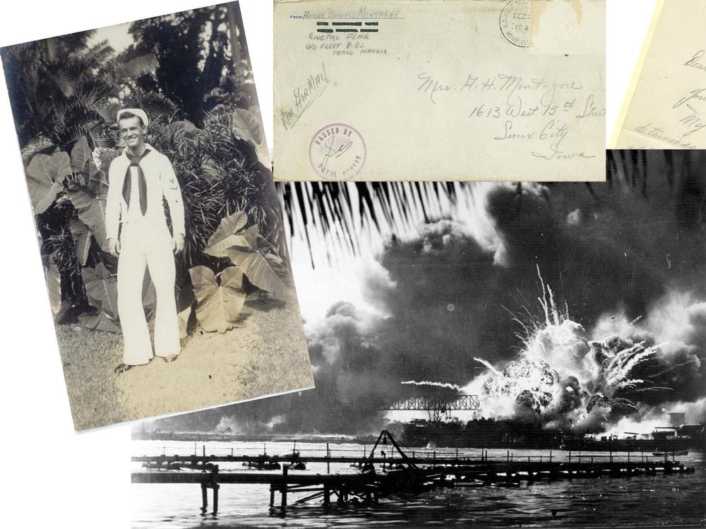 Art Montagne in Honolulu, 1940; his letter to his mom, December 1941; and the American destroyer USS Shaw exploding during the Japanese attack on Pearl Harbor on December 7, 1941.
