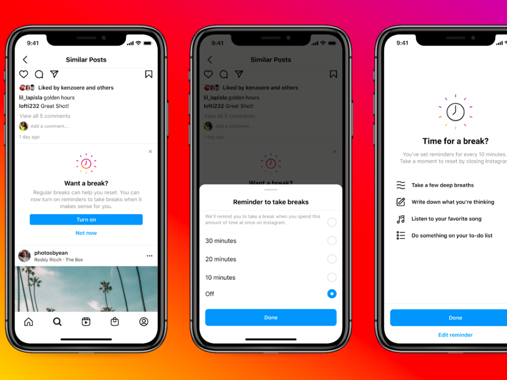 Instagram users can now set a reminder to take a break from the app. Users under 18 will see a special prompt encouraging them to turn it on.