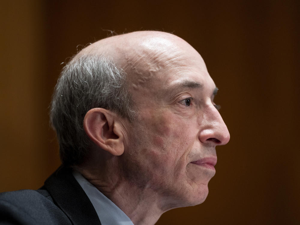 Securities and Exchange Commission Chairman Gary Gensler testifies before the Senate Banking Committee on Sept. 14. In an interview with NPR, Gensler said he's aiming to unveil tougher rules for SPACs, a hot trend in Wall Street, by early next year.