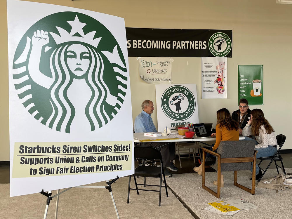 Starbucks workers and organizers in Buffalo, N.Y., discuss efforts to unionize three local stores on Oct. 28.