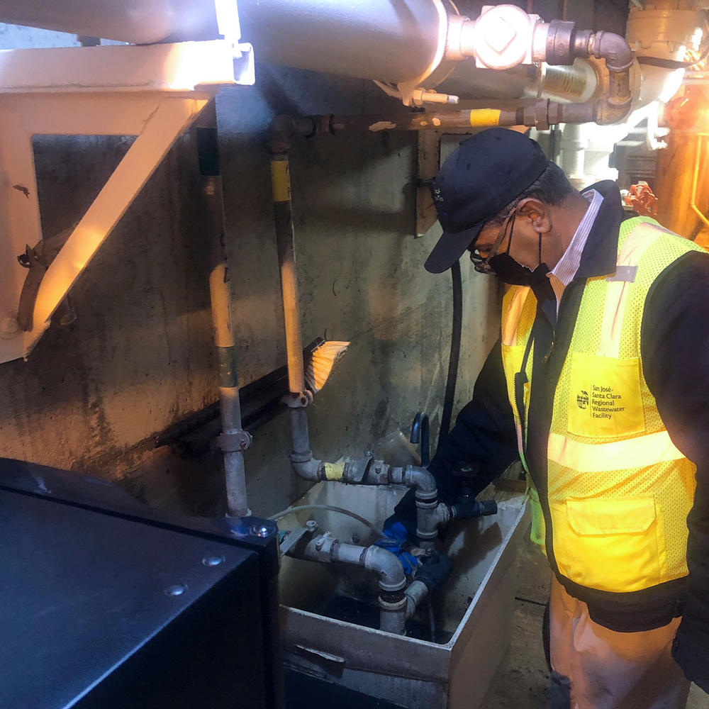 Satya Nand, a staffer at San Jose's wastewater treatment plant, demonstrates how to take a sample of sludge for lab testing. One of the faucets at this sink spews primary sewage, so employees here can test regularly in their lab and send test tubes to another lab for coronavirus testing.