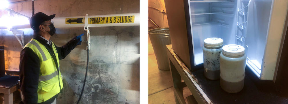 Left: Wastewater treatment plant employee Satya Nand shows pipes carrying primary sewage through a tunnel under the sewage tanks. Researchers at Stanford University test sewage for the presence of omicron RNA. Right: Plastic containers holding primary sewage are stored in a minifridge at the San José-Santa Clara Regional Wastewater Facility. These samples are tested daily for coronavirus variants.