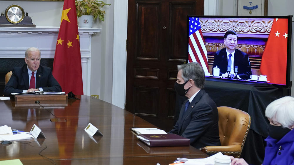 President Biden meets virtually with Chinese President Xi Jinping from the Roosevelt Room of the White House in Washington, Nov. 15, as Treasury Secretary Janet Yellen (right) and Secretary of State Antony Blinken listen.