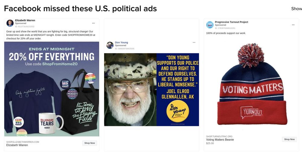 Facebook did not recognize these ads as being political, according to researchers who reviewed millions of ads in an audit of the company's practices.