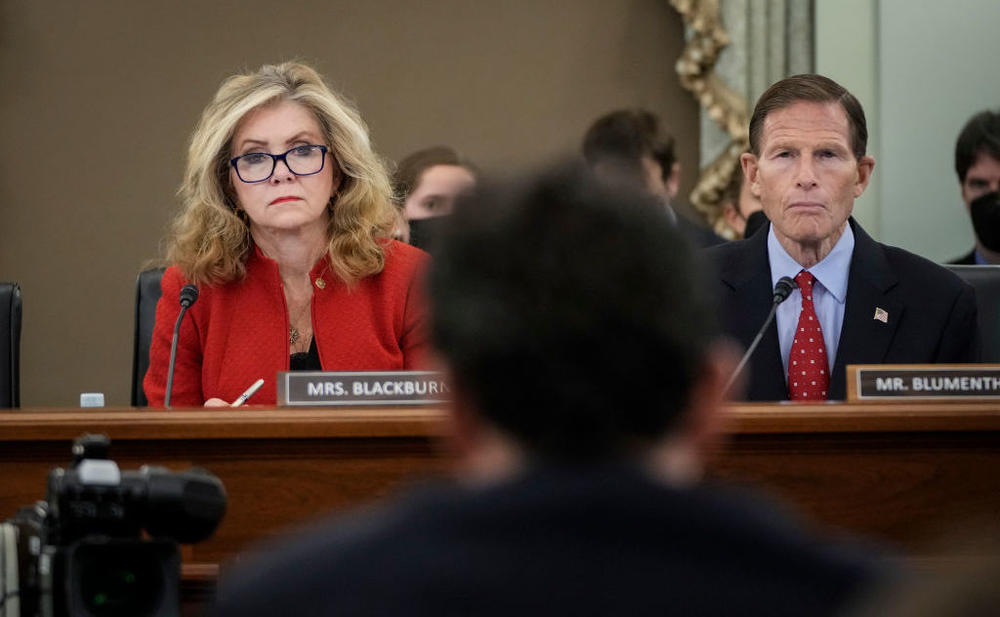 Sen. Marsha Blackburn, R-Tenn., and Sen. Richard Blumenthal, D-Conn., listen to testimony from head of Instagram Adam Mosseri during a Senate committee hearing on kids' online safety on Wednesday.