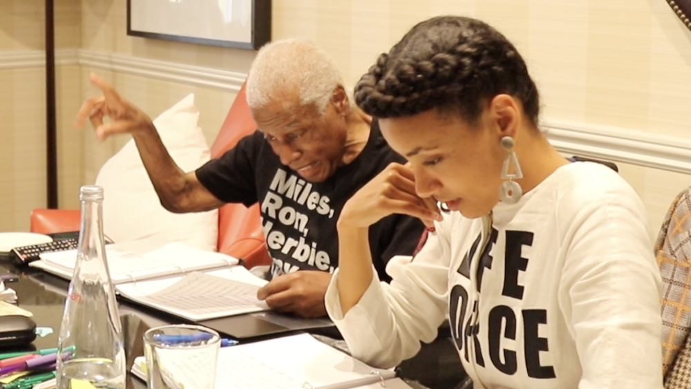 Wayne Shorter, left, goes through materials with esperanza spalding during a rehearsal of <em>...(Iphigenia)</em>.