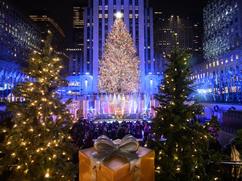 The Christmas tree at the Rockefeller Center is lit during a ceremony in New York on December 1, 2021.