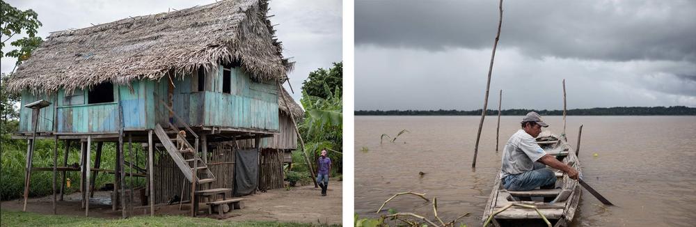 Left: A home in the Suni Caño indigenous community in Iquitos, Peru. Right: Juvencio Curi lives in Suni Caño.