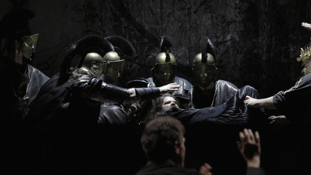 Soldiers in the fray during <em>...(Iphigenia)</em>.