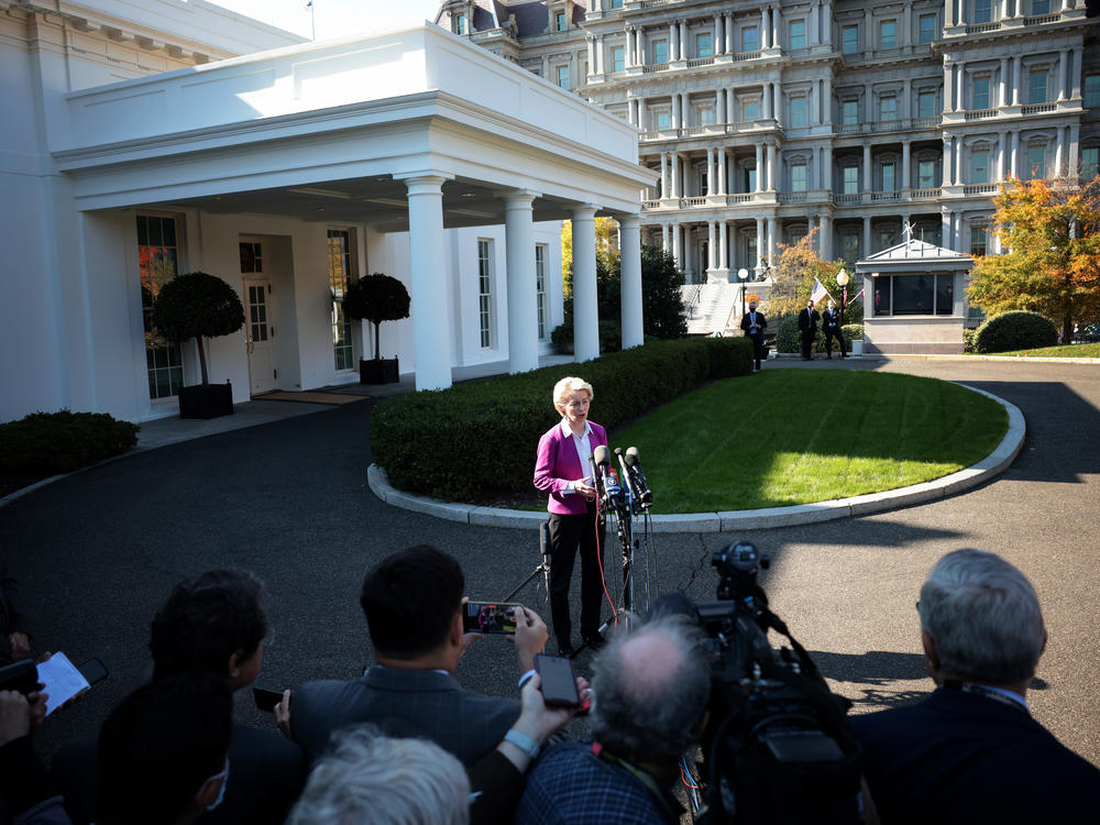 European Commission President Ursula Von Der Leyen speaks outside the White House on Nov. 10. She accused Belarus of making a 