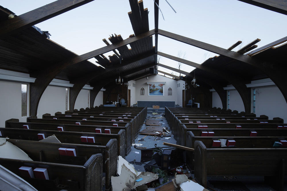 <strong>Sat., Dec. 11: </strong>Interior view of tornado damage to Emmanuel Baptist Church in Mayfield, Ky.