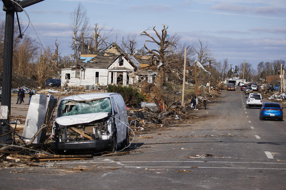 <strong>Sat., Dec. 11:</strong> General view of tornado damaged structures in Mayfield, Kentucky.