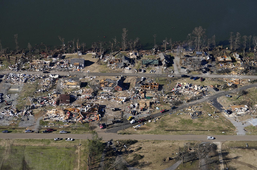 <strong>Sun., Dec. 12: </strong>In this aerial photo, destruction is seen along Reelfoot Lake in the aftermath of tornadoes that through the region, in Samburg, Tenn.