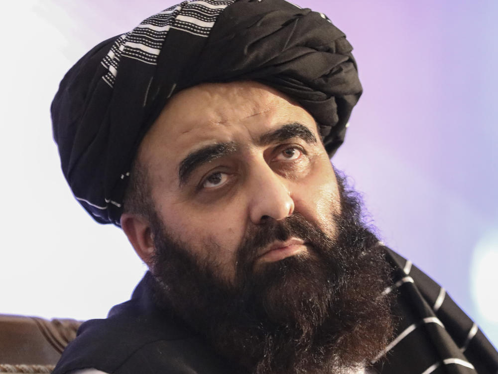 Amir Khan Muttaqi, the foreign minister in Afghanistan's new Taliban-run Cabinet, speaks at a September 2021 news conference in Kabul.
