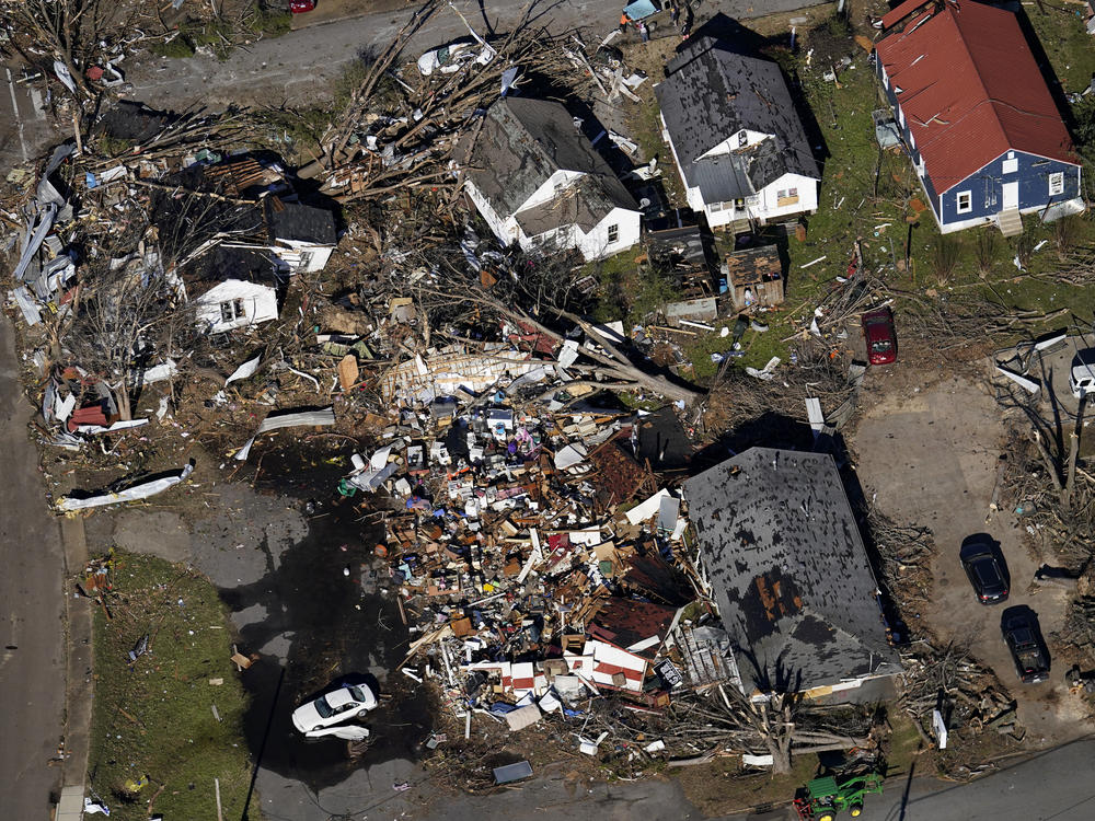 In this aerial photo, destroyed homes are seen Sunday in Dresden, Tenn., after tornadoes tore through the region.
