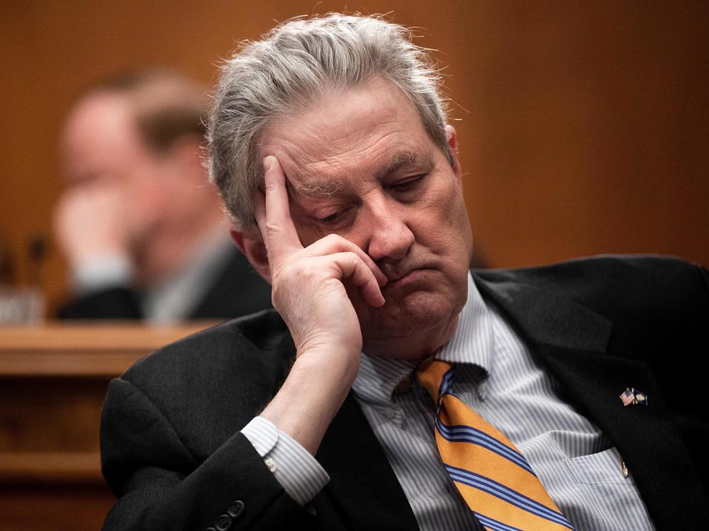 Sen. John Kennedy, R-La., looks on during Omarova's nomination hearing at the Senate Banking Committee on Nov. 18. Omarova said she was 'incensed' by Kennedy's attacks during the hearing.