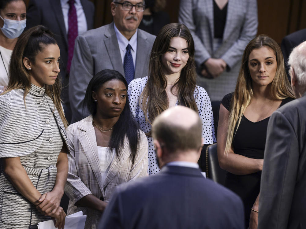 From left, U.S. Olympic gymnasts Aly Raisman, Simone Biles, McKayla Maroney and NCAA and world champion gymnast Maggie Nichols are shown after their testimony during a Senate Judiciary hearing on Sept. 15 about the FBI handling of the investigation of Larry Nassar's sexual abuse of gymnasts.