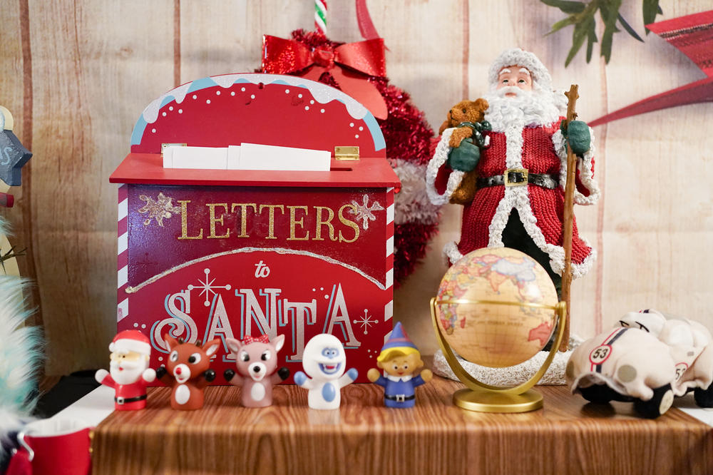 Decorations adorn the makeshift studio of Santa entertainer Randyl Wagner at his home.