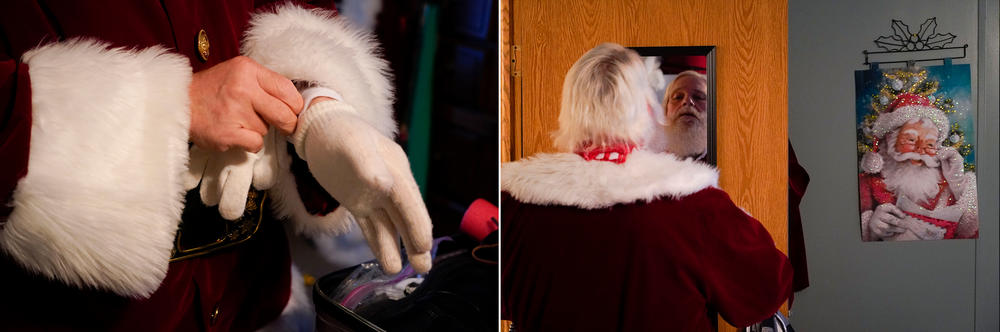 Randyl Wagner puts on his Santa outfit and one of his many pairs of white gloves.
