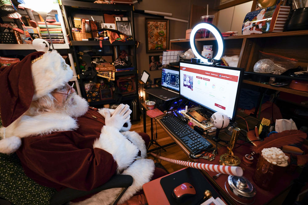 Santa entertainer Randyl Wagner prepares to record a virtual message.