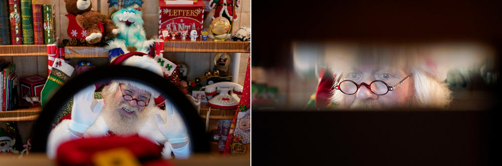 Santa entertainer Randyl Wagner prepares to record a virtual message at his home.
