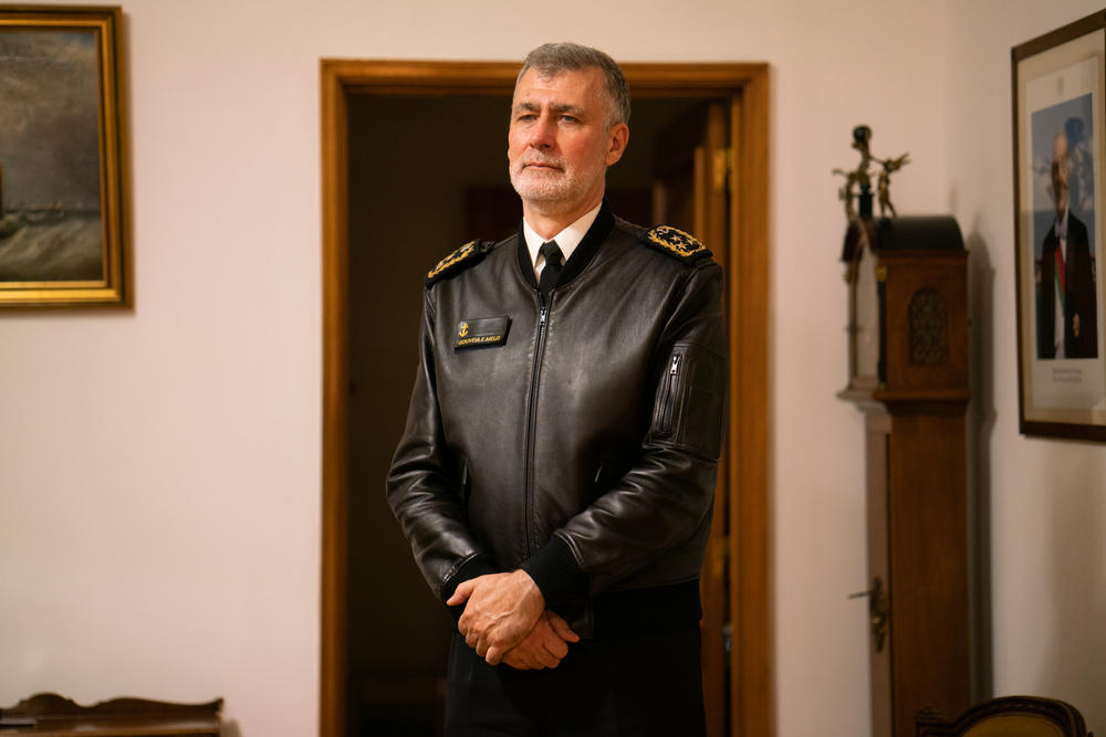 Vice Adm. Henrique Gouveia e Melo in his office. Gouveia e Melo is a high-ranking naval officer and runs the vaccine program.