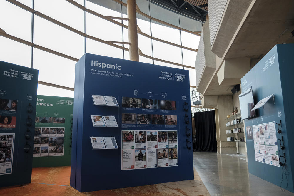 The Census Bureau showcased its Spanish-language posters and commercials for the 2020 census advertising campaign designed for Hispanic audiences during an event at Arena Stage in Washington, D.C., in January 2020.