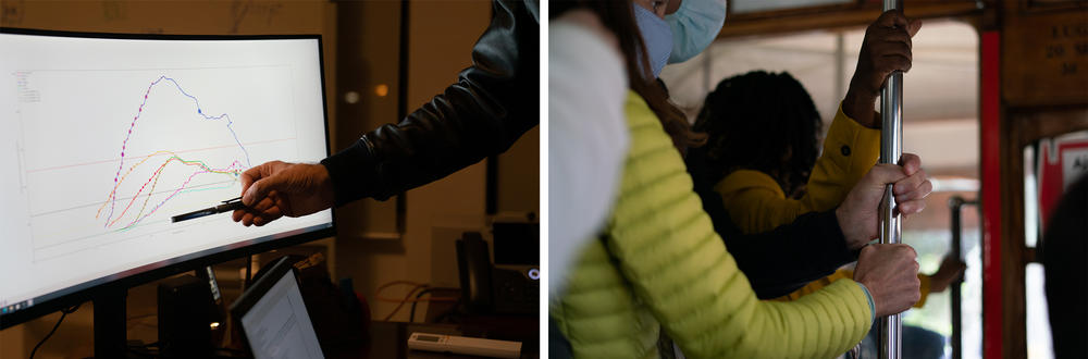 Left: Vice Adm. Henrique Gouveia e Melo points to a COVID chart in his office; Right: People hold themselves in a trolley in Lisbon, Portugal.