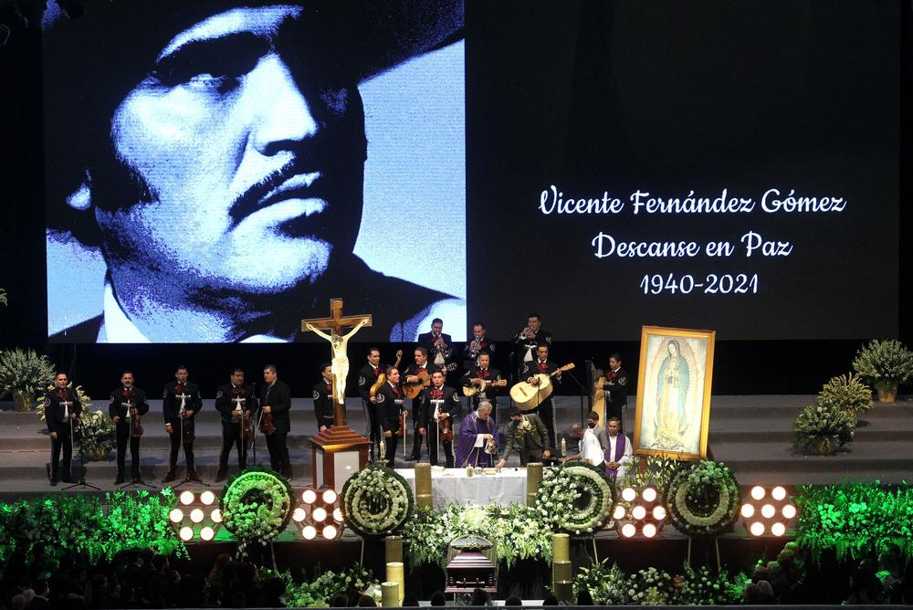 The coffin of Mexican singer Vicente Fernández is displayed during his funeral at 