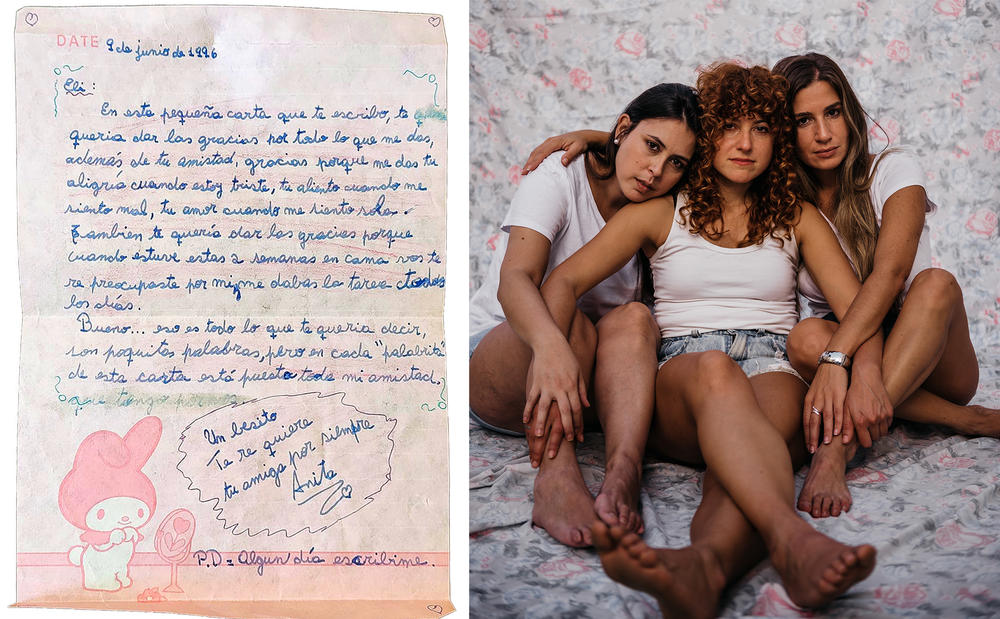 <strong>Left</strong>: A 1996 letter written by Ana Belén Soria where she thanks Elizabeth Saiegh for their friendship and asks Saiegh to write her a letter too. <strong>Right:</strong> Jimena Falasca (left), Ana Belén Soria and Elizabeth Saiegh