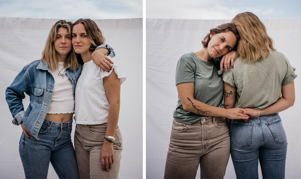 Pilar Fiocca (jean jacket) and Juana Olano