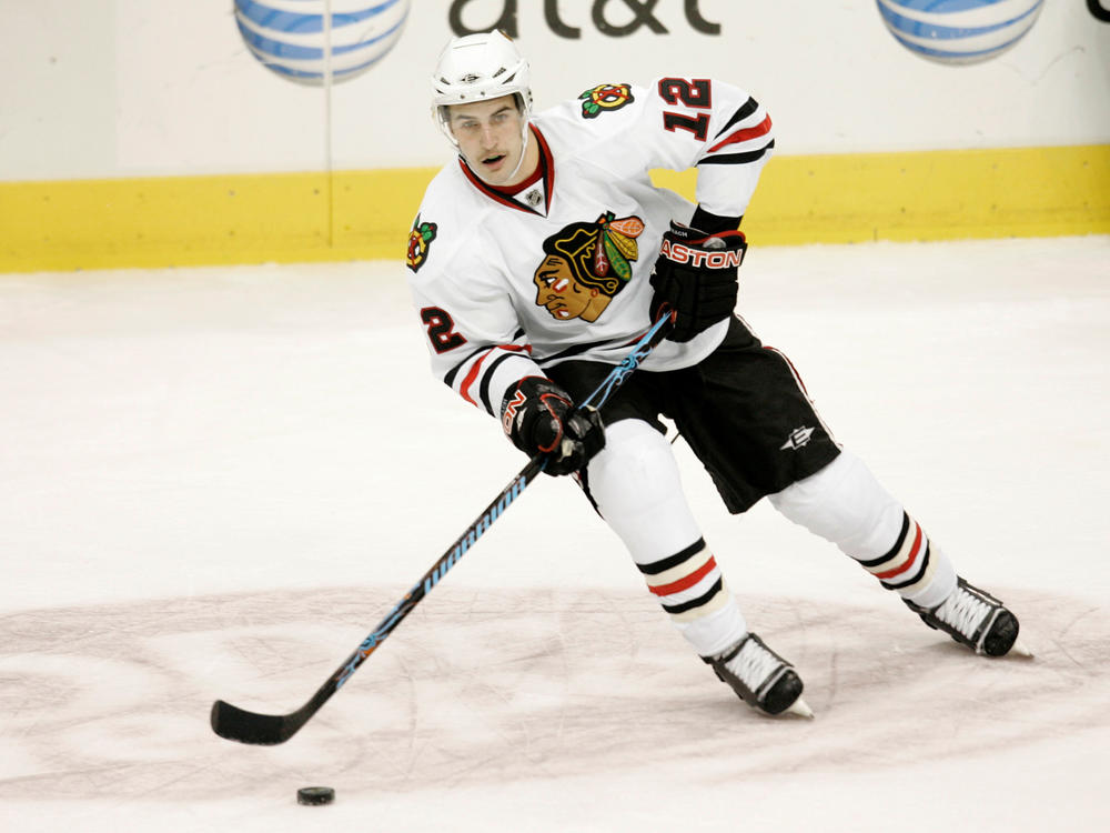 Former Chicago Blackhawks Kyle Beach player is shown here during a preseason NHL hockey game in 2008 in Dallas.