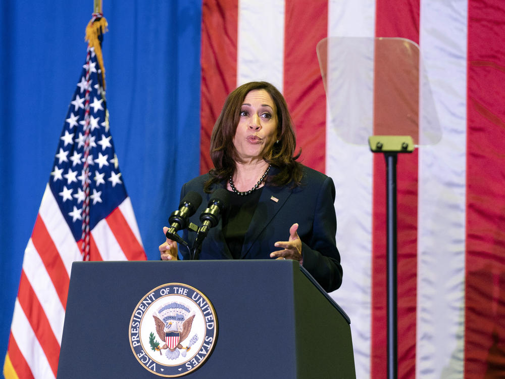 Vice President Harris delivers a speech at the AFL-CIO in Washington, D.C. on Thursday about the Biden administration's plan to remove and replace lead pipes and paint, an effort funded in part by the bipartisan infrastructure plan Biden signed last month.