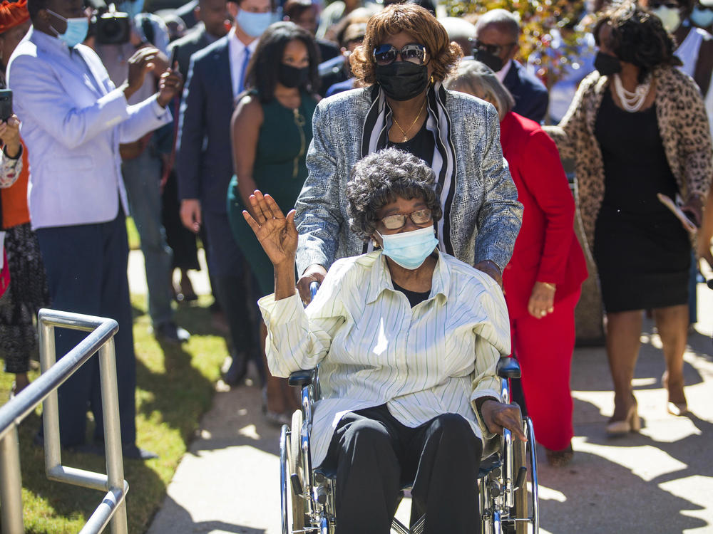 Claudette Colvin arrives outside juvenile court to file paperwork to have her juvenile record expunged, Tuesday, Oct. 26, 2021, in Montgomery, Ala. A judge on Thursday, Dec. 16, has approved a request to wipe clean the court record of Colvin, who was arrested for refusing to move to the back of a segregated Alabama bus in 1955.