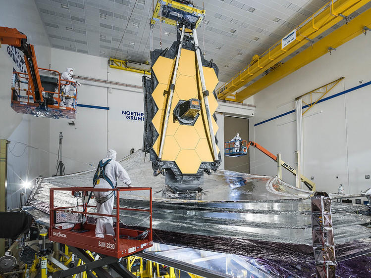 The telescope, shown during checkout tests in December 2020, before it was carefully packed up and sent to the launch site in French Guiana.