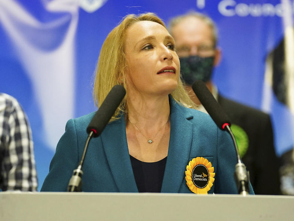 Helen Morgan of the Liberal Democrats makes a speech after being declared the winner in the North Shropshire by-election  early Friday. Her victory is another setback for embattled PM Boris Johnson.