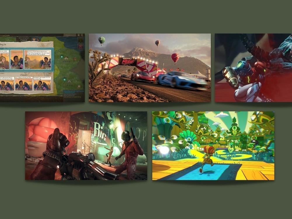 (Clockwise) Wildermyth, Forza Horizon 5, Metroid Dread, Deathloop, Psychonauts 2