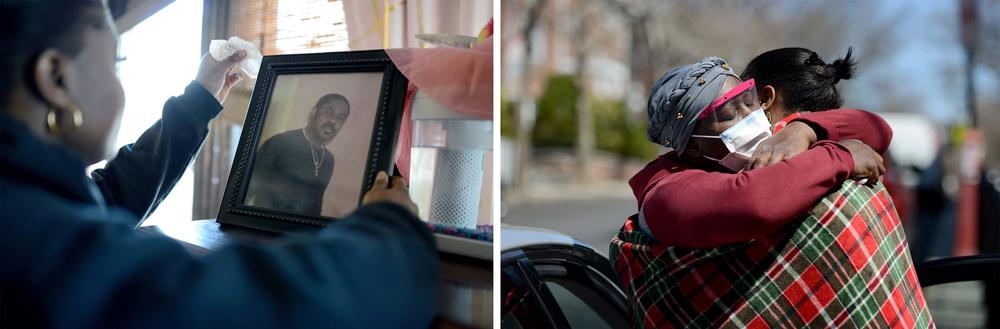 (Left) Anne Laurie Pierre dusts off a photo of her father who contracted COVID-19 and died in April of 2020. (Right) Pierre says goodbye to her mother, who is battling cancer, as she heads to a local hospital for a bone marrow transplant.