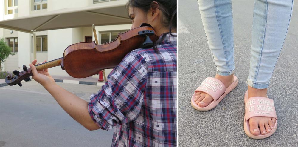 Eighteen-year-old Sevinch plays a borrowed violin in Doha, two days before boarding a flight to her new life in Portugal. She has studied the violin since she was 10.
