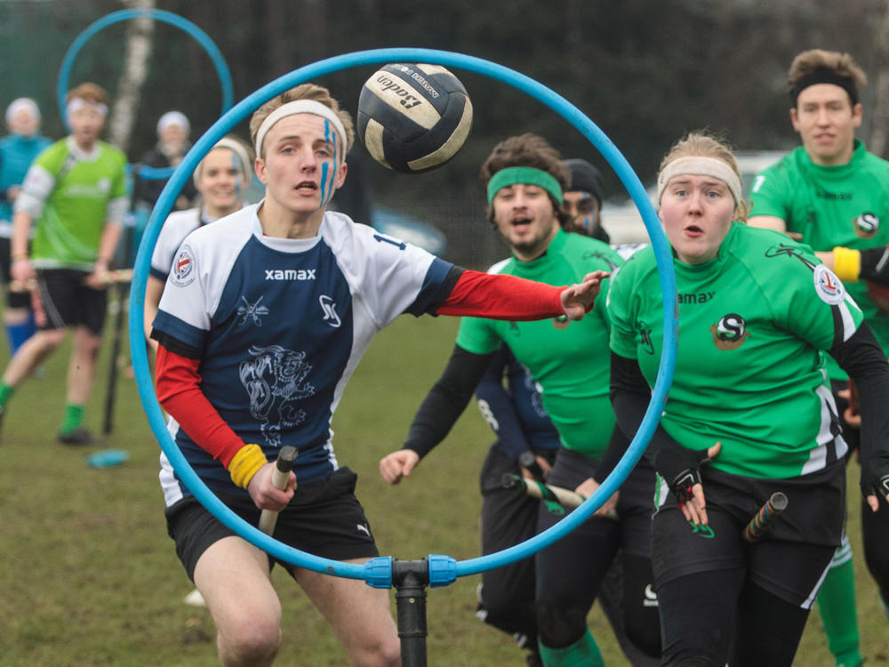 The London Unspeakables seeker catches the snitch during a game at the Crumpet Cup quidditch tournament on Clapham Common on February 18, 2017 in London.