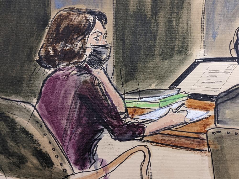 A courtroom sketch shows Ghislaine Maxwell, left, in court with defense attorney Jeffrey Pagliuca during her sex abuse trial in New York. Maxwell's defense team rested their case on Friday.