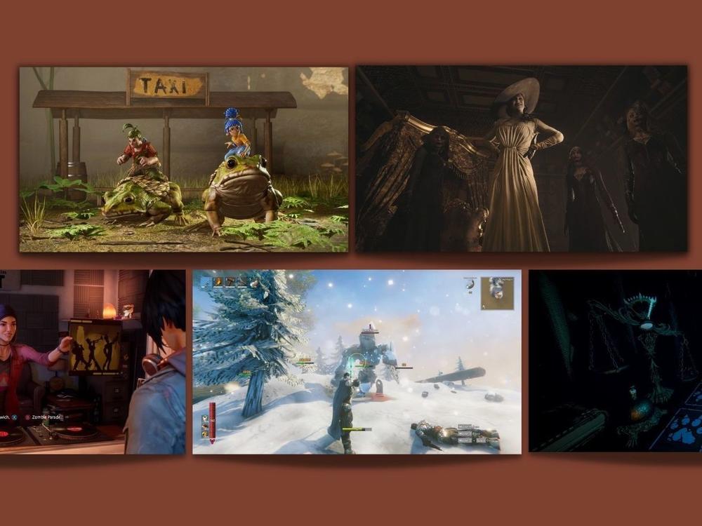 (Clockwise) It Takes Two, Resident Evil 8: Village, Life is Strange: True Colors, Valheim and Inscryption
