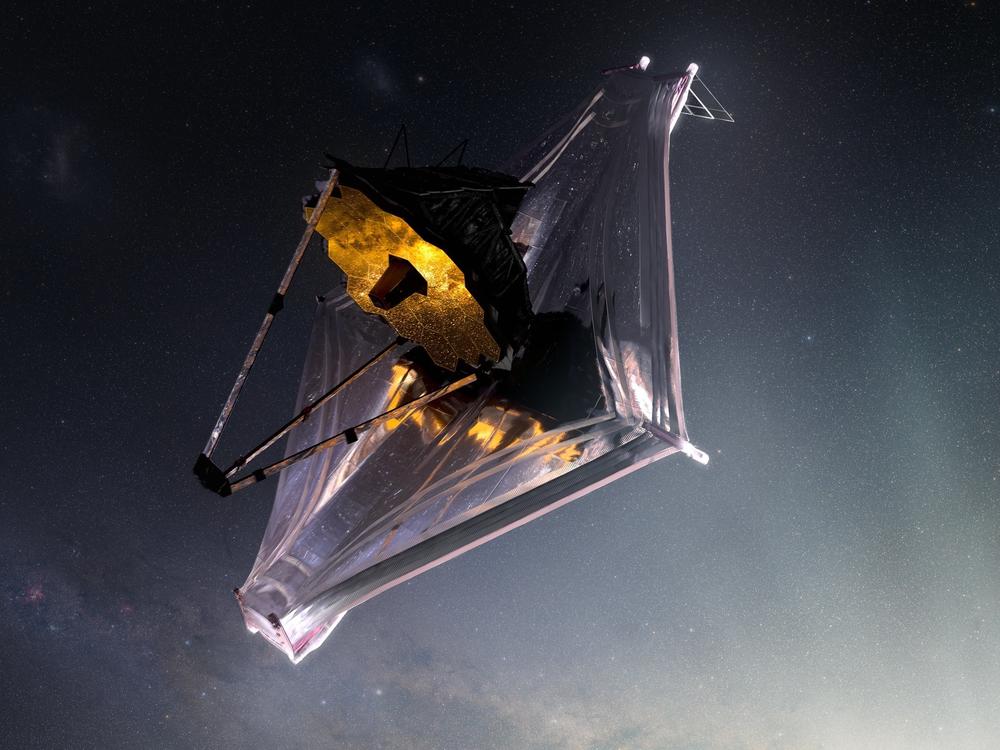 This is an artist's rendering of the James Webb Space Telescope. The kite-shaped sunshield is the largest component of the telescope.