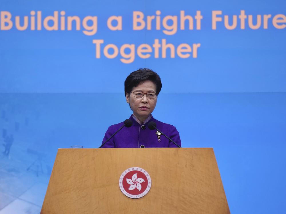 Hong Kong Chief Executive Carrie Lam listens to reporters' questions during a news conference in Hong Kong on Monday.