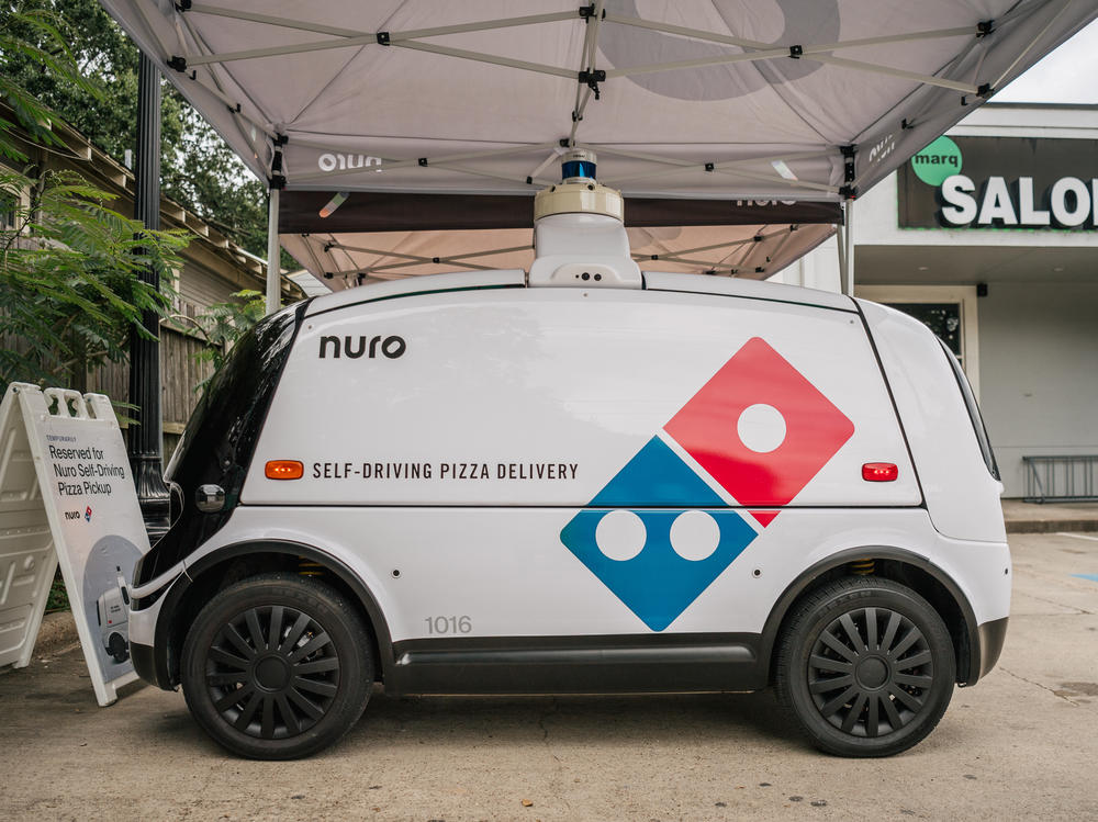 A Domino's Pizza self-driving delivery vehicle is shown on July 22 in Houston, Texas. Businesses of all stripes, from food delivery restaurants to trucking, are eyeing driverless technology.