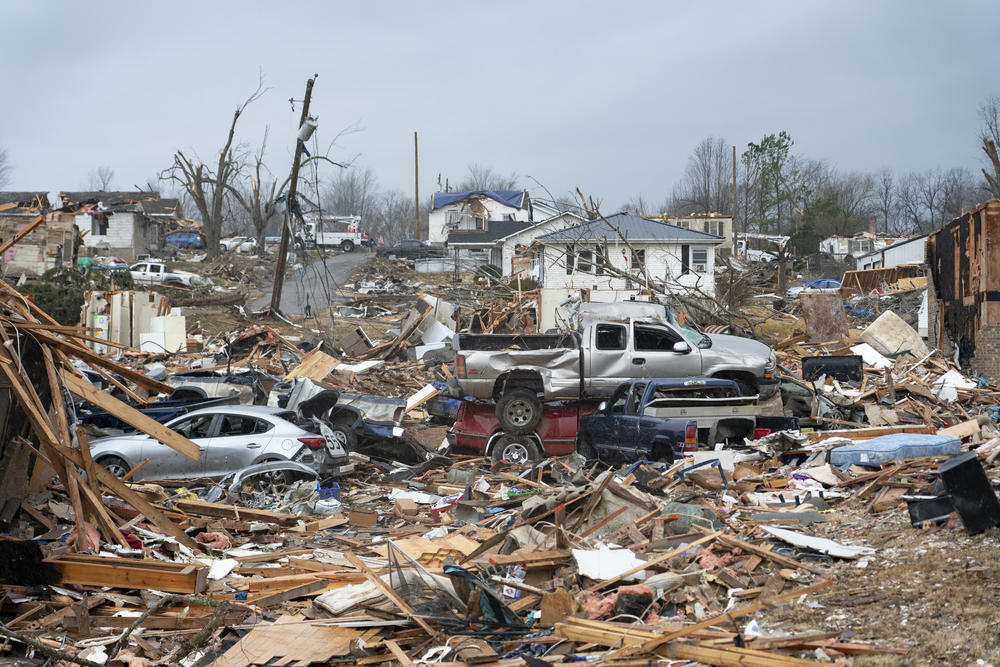 Damage is visible from a tornado in Dawson Springs, Kentucky.