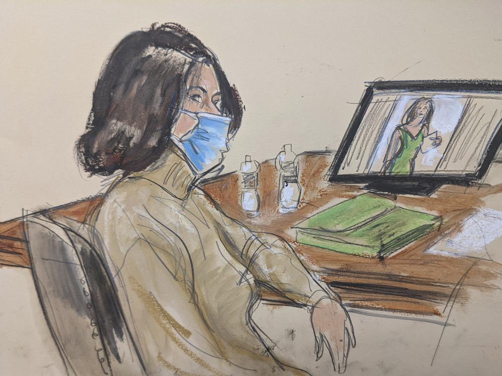 In this courtroom sketch, Ghislaine Maxwell is seated at the defense table while watching testimony of witnesses during her trial in New York.