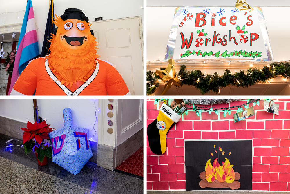 (Clockwise from top left) Rep. Scanlon's office display features Gritty; a sign above Rep. Bice's office door; a paper fireplace  outside Rep. Lamb's office; and an inflatable dreidel outside the office of Democratic Rep. Sara Jacobs of California.