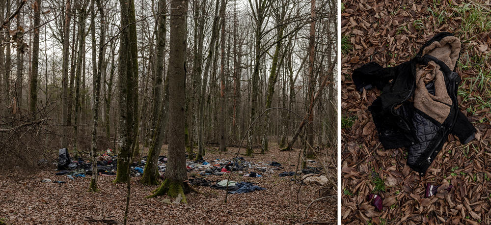 Clothes, documents and sleeping bags left behind by migrants in the woods near Narewka, Poland. The spot is known to be a meeting place with drivers, who try to bring migrants to other countries in the European Union.