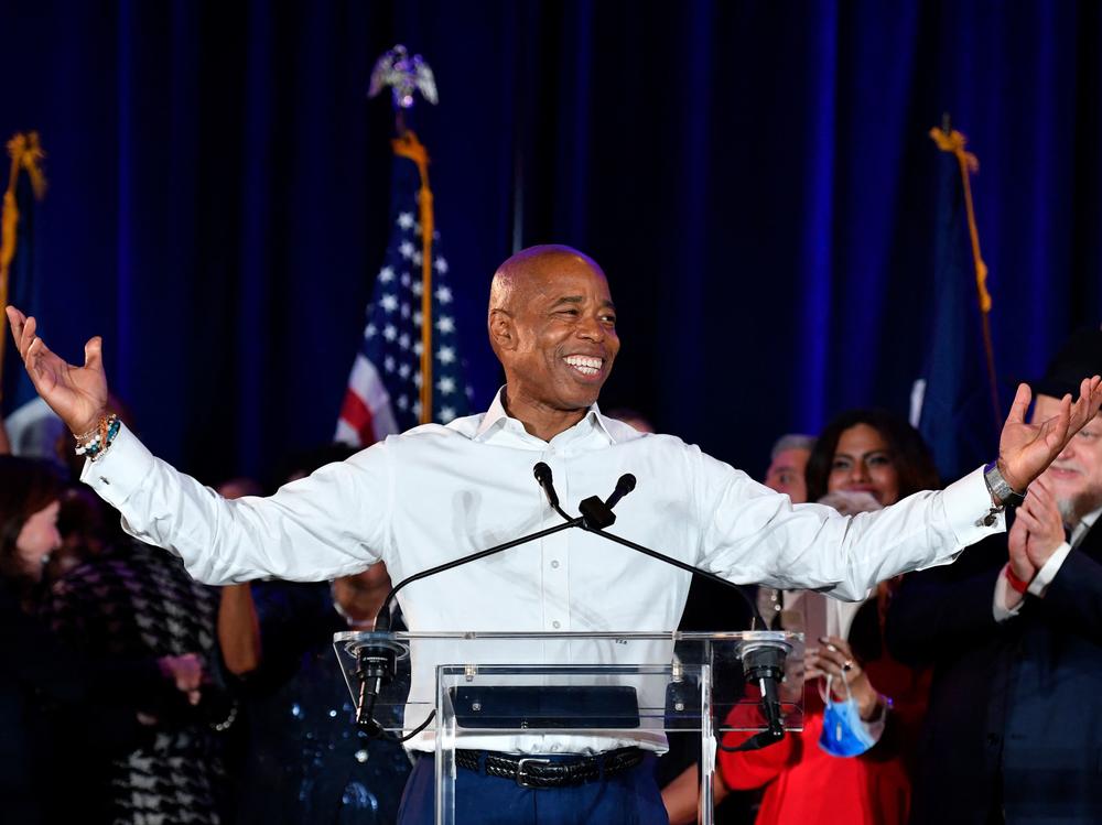 New York City Mayor-elect Eric Adams gestures to supporters during his election victory party at the Brooklyn Marriott on Nov. 2 in New York City. Adams is keen to promote New York as a crypto-friendly financial center.